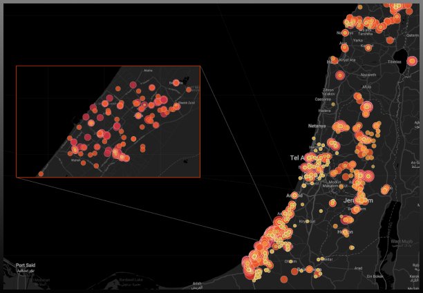 A map of Israel and Palestine, with an inset map zooming in on Gaza. The large area map and smaller inset map are both covered in hundreds of concentric circles of various sizes and colors ranging from yellow to purple. Each circle represents one item that a Factal editor published and verified in real time, centered on the location where the incident occurred.