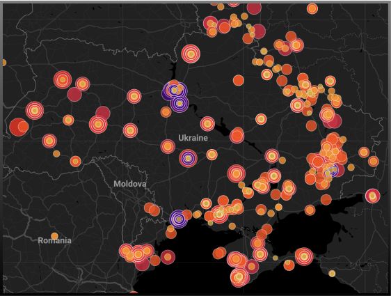 A map of Ukraine and surrounding countries, covered in hundreds of concentric circles of various sizes and colors ranging from small yellow to medium-sized purple to large red. Each circle represents one item that a Factal editor published and verified in real time, centered on the location where the incident occurred, with the size and color indicating the severity of the incident.