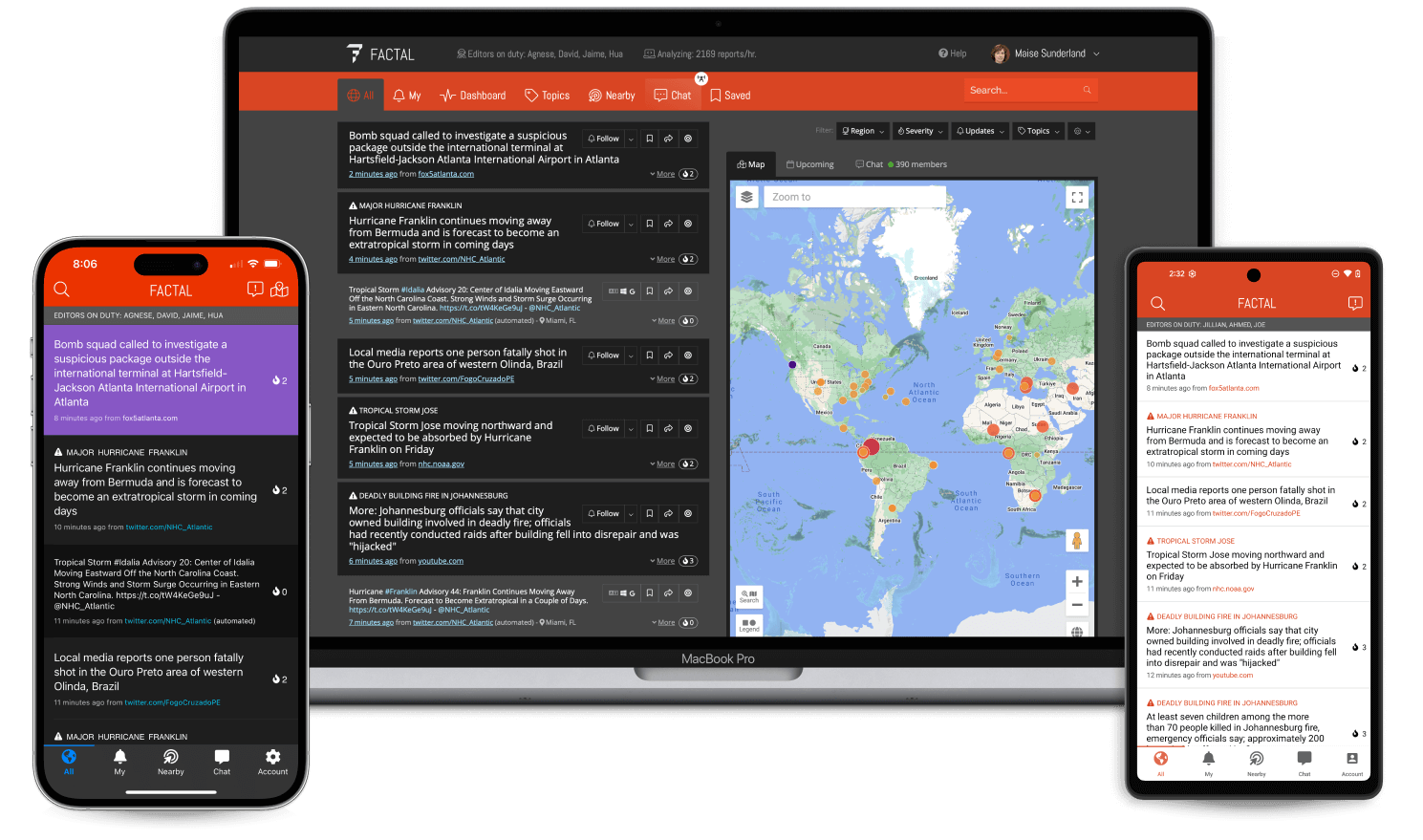 Factal's real-time geolocated feeds on iOS, Android, and desktop devices. Brief editor-written updates are presented with source links and editor-assigned severity levels. On desktop, a map presents these geolocated updates as well.
