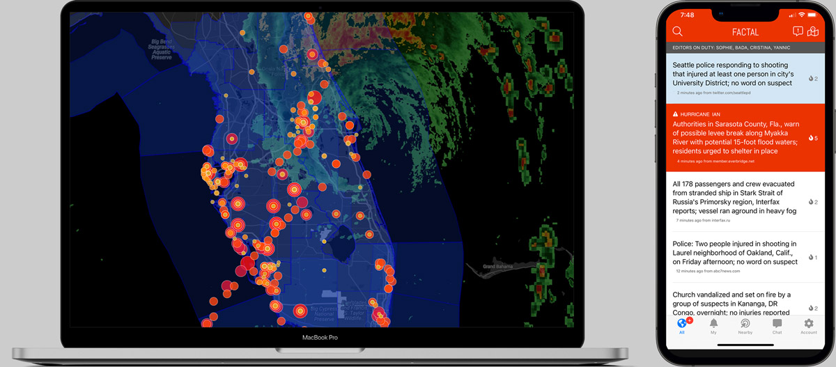Geolocated Factal updates displayed as points on a map of Florida with a hurricane approaching. Written Factal updates with timestamps, severity scoring, and source information shown on a mobile device.
