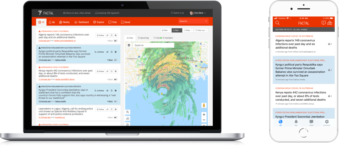 Geolocated Factal updates displayed as points on a map of Florida with a hurricane approaching. Written Factal updates with timestamps, severity scoring, and source information shown on a mobile device.